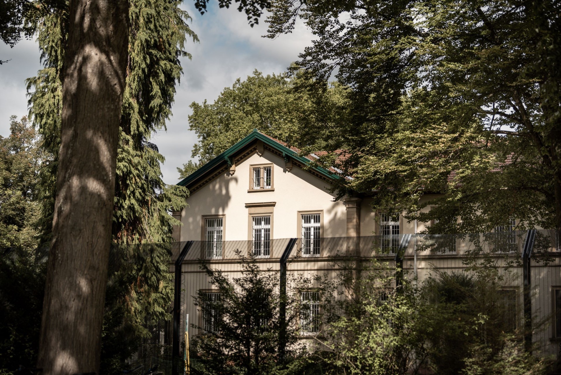 Weißes Gebäude mit einem Zaun und einem Baum im Vordergrund 