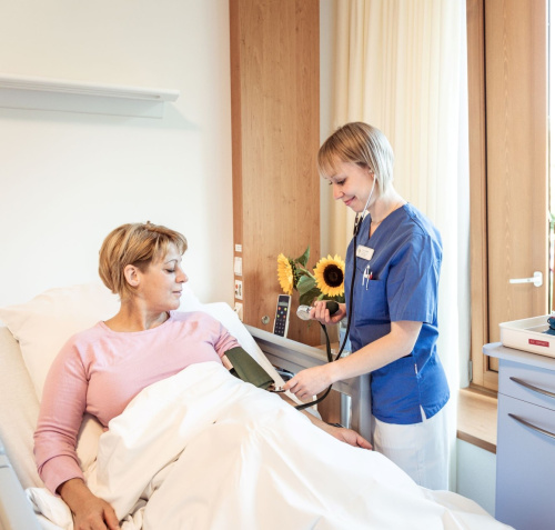 Pflege einer Patientin, durch eine Pflegerin am Bett